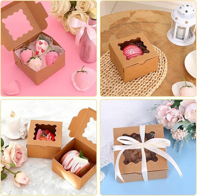 Moretoes 50pcs Cookie Boxes with Window, 4x4x2.5 Inches Brown Bakery Boxes Pastry Container for Small Cookies, Treats and Desserts