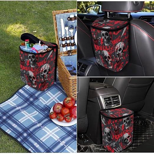 1.2 Gallons Car Trash Bag, Skull Rock Hand Vehicle Trash Bag, Adjustable Hanging for Tail of Console/Back of Seats, Odor-Free with Zipper Leak-Proof Lid Design, Washable,Camping Essential