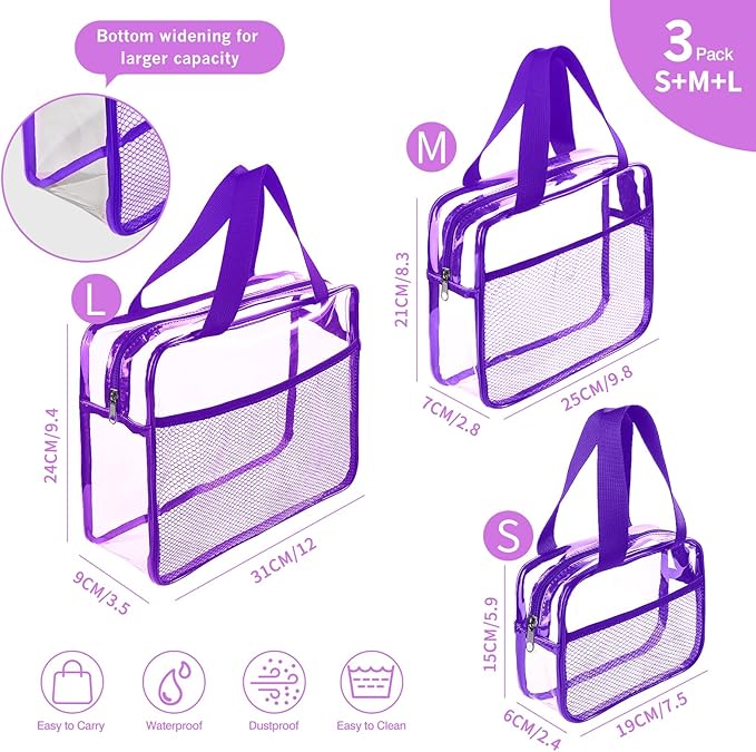 XEWEA Clear Travel Toiletry Bags, 3 Pack TSA Approved Transparent Makeup Bag for Men Women, Large Waterproof PVC Quart Organizer with Zipper for Toiletries Airline Essential,Toy Storage Pouch Purple