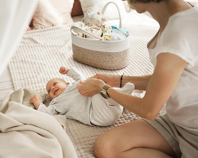 Diaper Caddy Organizer, Empty Gift Basket for Newborn Essentials, Baby Storage Basket, Stylish Gift Bag for Baby Shower, Boys and Girls – Large, White and Beige Brown