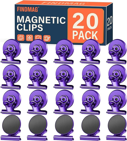 FINDMAG 20 Pack Fridge Magnets, Magnetic Clips Heavy Duty, Scratch-Free Clip Magnets, Strong Fridge Magnets for Whiteboard, Magnets Clips for Photo Displays, Office, School, Kitchen, 30mm Wide
