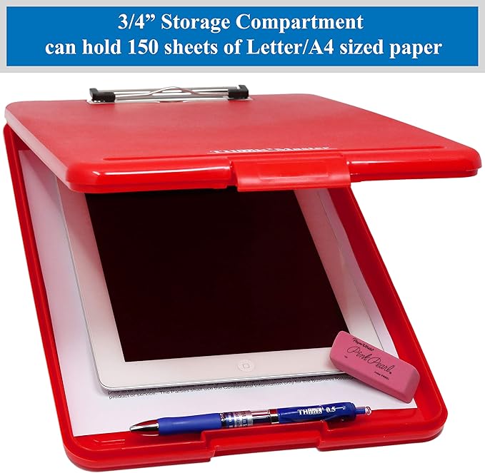 Think2Master Red Plastic Storage Clipboard. | 25% Heavier & 25% Sturdier| Heavy Duty and Won’t Flex or Bend Like Other Brands (Compare The Weight). Storage Compartment Holds 150 Letter Sized Paper.