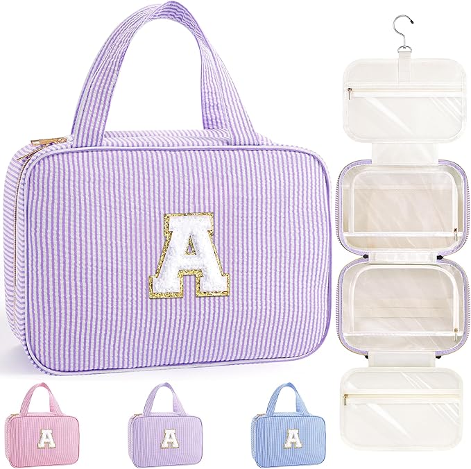 TOPEAST Christmas Gifts for Women Teen Girls Kids - Travel Hanging Toiletry Bag & Makeup Bag, Personalized Initial Toiletry Pouch, Birthday Gifts for Women Teen Girls, Cruise Essentials, Purple A