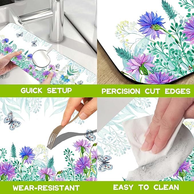 Kitchen Sink Splash Guard Faucet Mat Super Absorbent Fast Drying Mat Guard Behind Faucet Drip Catcher for Kitchen Bathroom (Watercolor Flowers Butterflies, 23.5"X5.5")