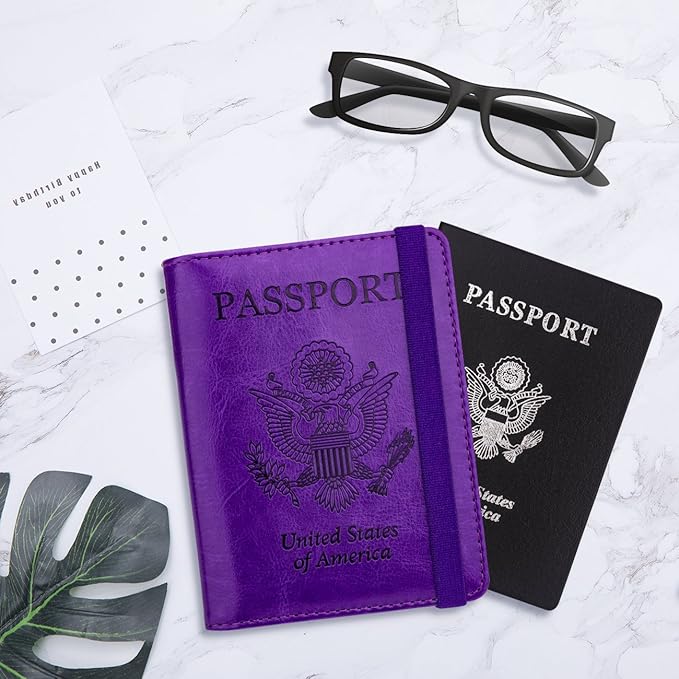WALNEW Passport Holder for Travel, RFID Passport Cover Wallet for Women Men, PU Leather Passport Book Card Holder Case with Pen (Elastic Band Closure, A-Purple)