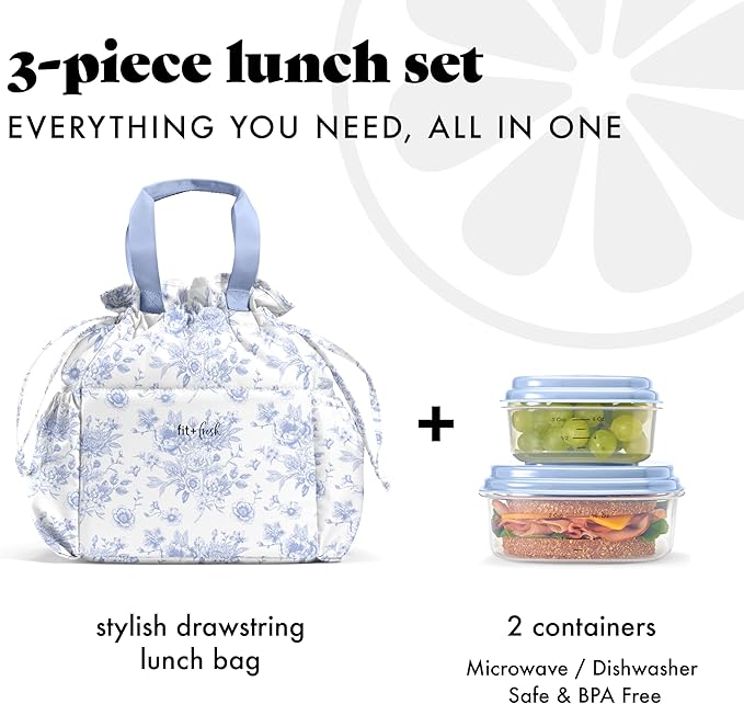 Fit & Fresh Cromwell Drawstring Lunch Bag for Women, Complete Lunch Set with 2 Containers, Stain-Resistant, Leak-Resistant, Back to School Essential, Teacher Lunchbox, Cornflower Floral Toile