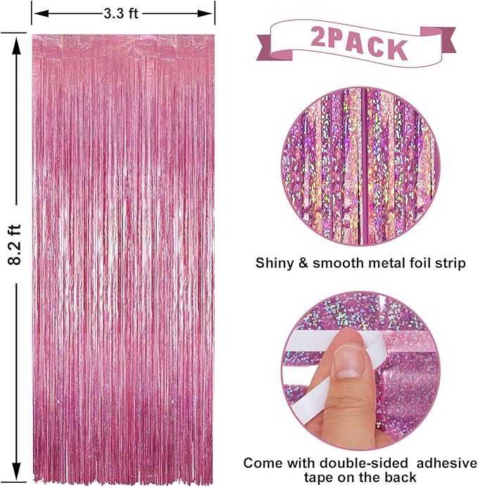 2 Pack Laser Hot Pink Foil Fringe Curtains Streamers Party Decorations 3.3 x 8.2 ft, Tinsel Curtain Fringe Backdrop for Parties, Door Fringe Birthday Streamers, Barbie Backdrop Party Decorations