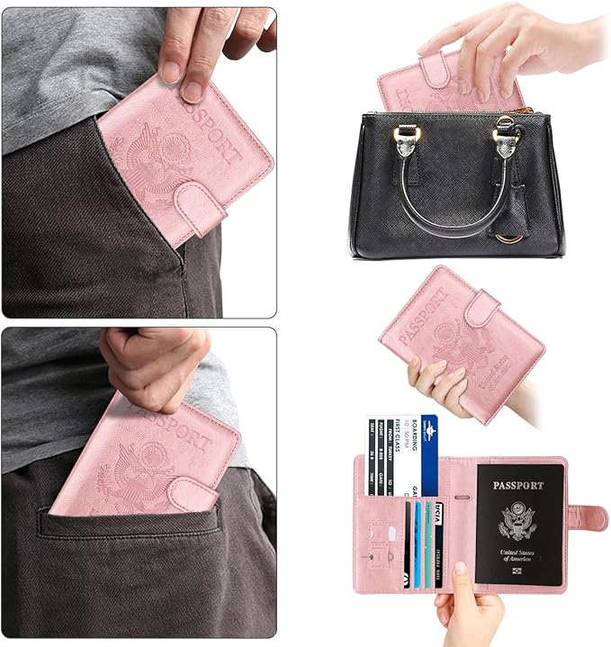 WALNEW Passport Holder for Travel, RFID Passport Cover Wallet for Women Men, PU Leather Passport Book Card Holder Case with Pen (Buckle Closure, Buckle-Rosegold)
