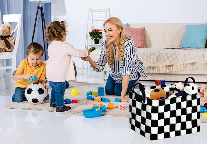 KUNRO Rectang Checkered Flag Storage Basket Gift Shelf Basket Storage Bin, Nursery Basket Organizer Box for With Handles for Room Deco
