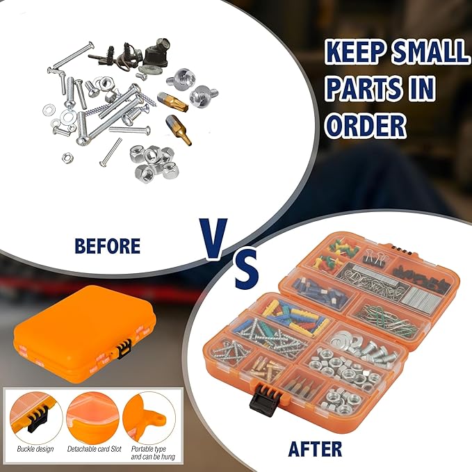 Portable Small Pocket Organizer Box with Removable Dividers, Transparent Storage Case for Screws/Nuts/Bolts/Nails/Washers/Snap Rings/Automotive & Paper Clips/Fuses/Buttons/Pins/Beads/Jewelry-Pack of 2