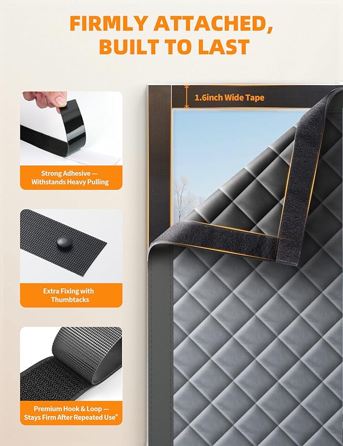 Window Insulation for Winter, 47″×63″ Thermal Window Cover (Fits 44″×60″ Windows ), Dual-Sided Winterizing Cold Blocker Curtain for Home & RV, Reusable Draft Stopper with Roll-Up Buckle