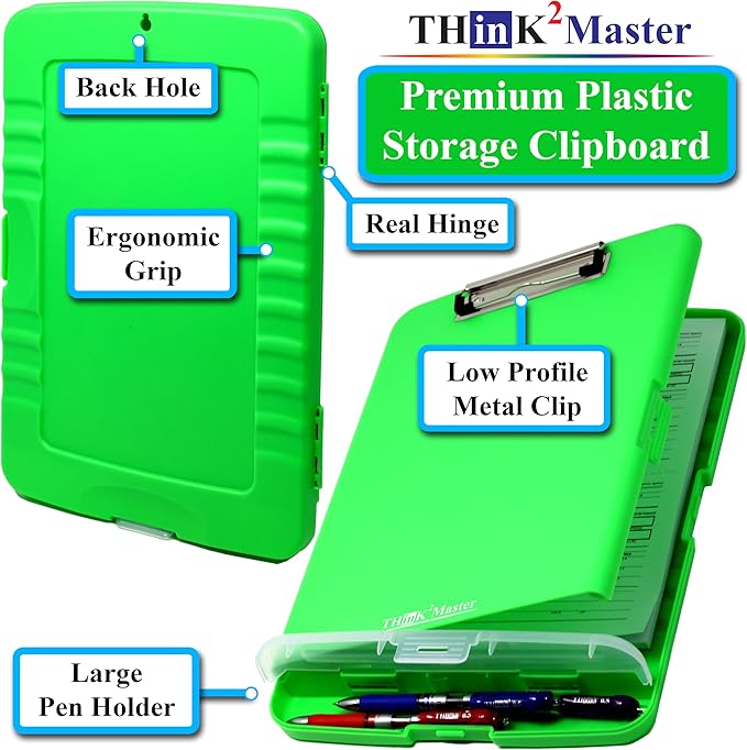 Think2Master [3 Pack] Green Plastic Storage Clipboard with Pencil Holder. | 25% Heavier & 25% Sturdier| Heavy Duty. Nursing, Teacher & Classroom Must Have.
