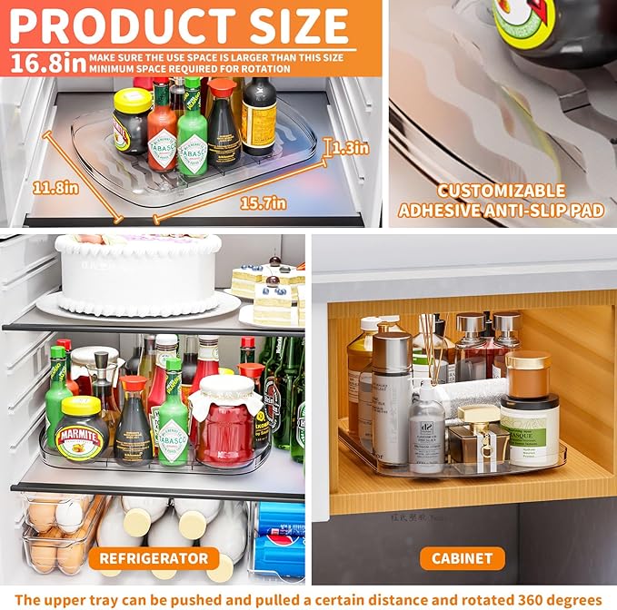 Yieach Clear Refrigerator Lazy Susan Turntable,15.7''x11.8'',Rectangular Fridge Turntable Organizer,Large Rotating Fridge Tray for Kitchen,Countertop,Pantry,Cabinet,Jars and Condiment Organizer,1 Pack