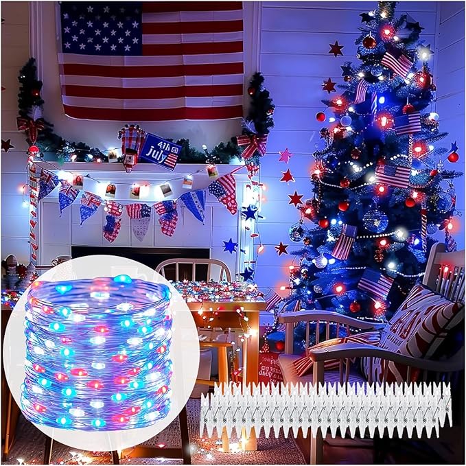 4th of July Lights Red-White-Blue Decorations - 100 LED 50 Photo Clips String Lights Holder 33FT Starry Fairy Lights Hanging Pictures Cards Memos USB Powered&Switch Bedroom Dorm Christmas Decor Tree
