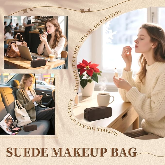 Waterproof Small Makeup Bag for Purse,Cute Pouch Preppy Suede Makeup Brush Holder with Zipper,Girls Teens Portable Storage Case Small Travel Toiletry Bag for Office(Slim-Coffee)