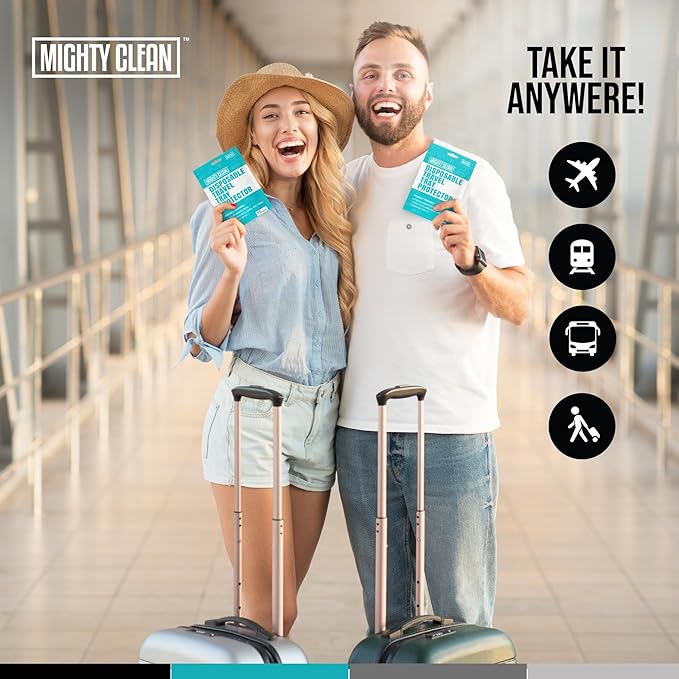 15 Disposable Travel Tray Protectors by Mighty Clean │ Airplane Travel Essentials for Toddler, Kids, and Adults │ Must Have for Flying │ Provides a Clean Surface and Entertainment │ 15 Pack