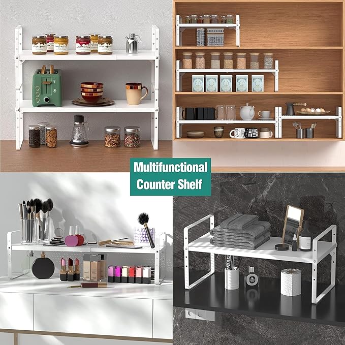 Expandable Cabinet Shelf Organizer Rack, Stackable Kitchen Counter Storage Shelves Stand, Adjustable Height Pantry Shelf Spice Rack, Heavy Duty Non-slip White Large 3-Pack