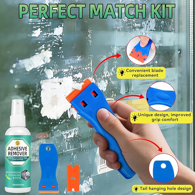 Halldeli Adhesive Remover Kit, Sticker Remover Spray for Cars, Floor, Windows, Surface-Safe Glue Remover with Plastic Scraper – Quickly Removes Decals, Tape Residue, Gum, Tar and Grease