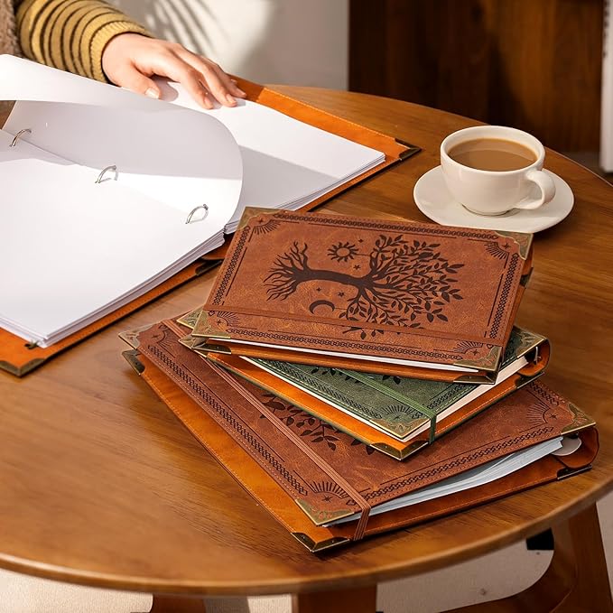 Ovesmusl Leather 3 Ring Binder Fits 8.5"x11" Letter Size Paper, 1 Inch Round Ring Binder Holds 200 Sheets, Notebook Cover Loose Leaf Organizer, Green Tree