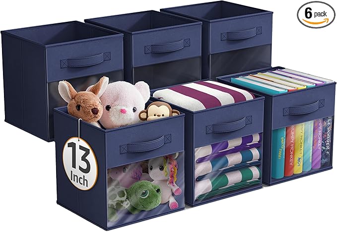 Sorbus 13 Inch Storage Bins with Clear Window - 6 Foldable Baskets for Organizing Clothes, Toys, Books - Sturdy Collapsible Fabric Storage Cubes with Handle - Storage Baskets for Shelves, Closets
