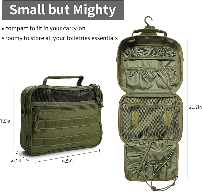 SMONT Toiletry Bag for Men Travel Toiletry Organizer Dopp Kit Organizer Toiletries Travel Bag Shaving Hygiene Bag Bathroom Hanging Men's Toiletry Bag for Short Trips Army Green
