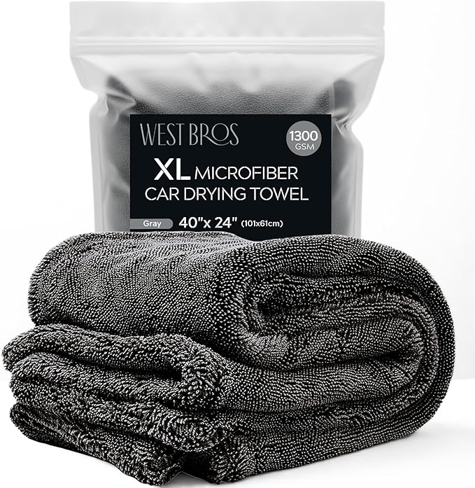 WEST BROS XL Car Drying Towel, 1300 GSM Professional Car Towel with Double Twisted Loop, Car Drying Towels Extra Large Super Absorbent, Microfiber Drying Towels for Cars, Trucks, SUVs - 40"x24", Gray