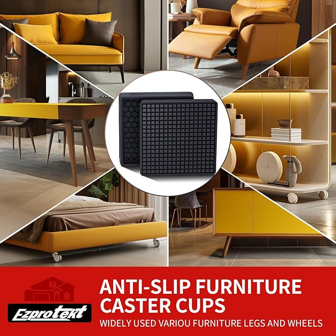 Ezprotekt Non Slip Furniture Pads, 16 Pcs 2.5" Anti Skid Rubber Furniture Caster Cups, Anti-Slip Furniture Coasters for Hardwood Floors, Anti Slide Floor Protectors for Bed Couch Stoppers (Black)