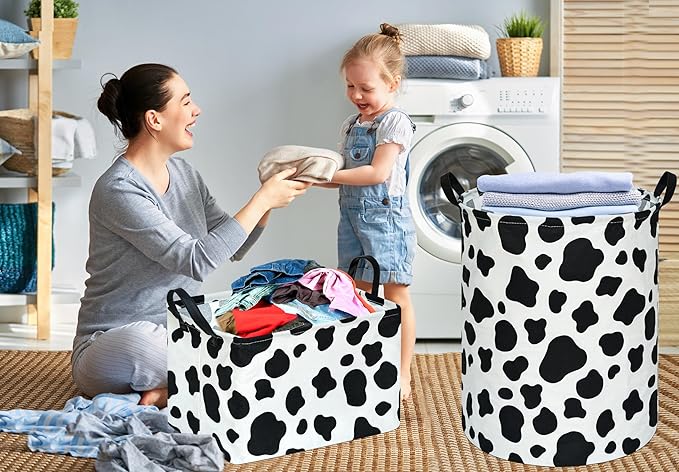 KUNRO Rectangle Storage Basket Gift Shelf Basket Storage Bin, Nursery Basket Organizer Box for With Handles for Room Deco (Cow pattern)
