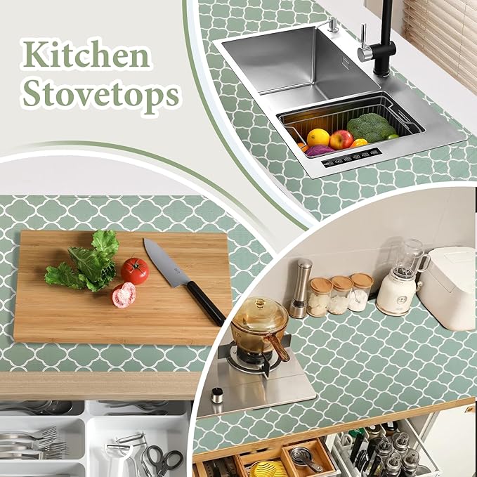 Shelf Liners for Kitchen Cabinets Non Adhesive Drawer Liner 17.5in x 30FT Light Green Quatrefoil Thickened Shelf Liner Strong Non-Slip Easy to Clean Tool Box Refrigerator with Knife and Tape Measure