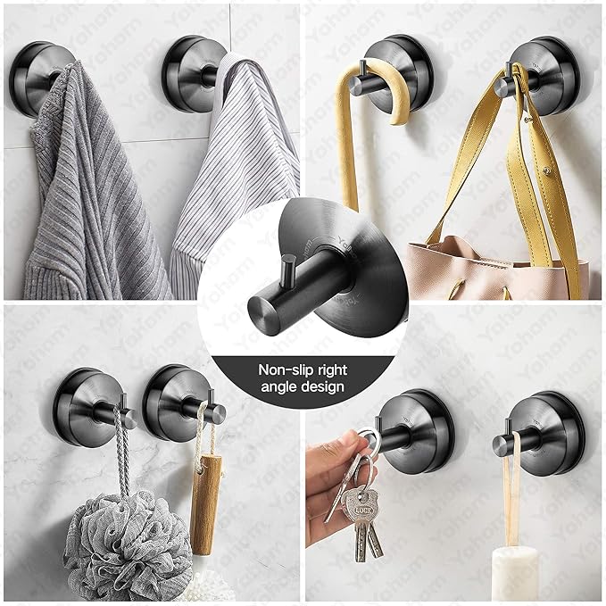 YOHOM Suction Cup Hooks Shower Towel Holder Stainless Steel Vacuum Bathroom Shower Hook Suction Towel Rack Kitchen Organizer for Bathrobe Loofah Washcloth Brushed Black 4 Pcs