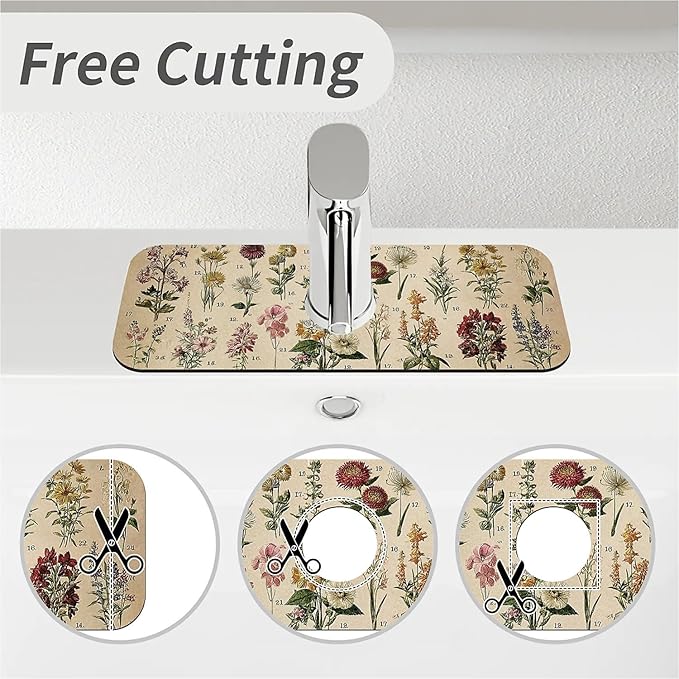 Kitchen Sink Splash Guard，Vintage-wildflowers Faucet Mat Sink Gadgets-Super Absorbent Fast Drying Mat Drip Catcher for Kitchen, Bathroom,Sink Mat, Dish Drying Mat, Bathroom(15" X 5.5" )
