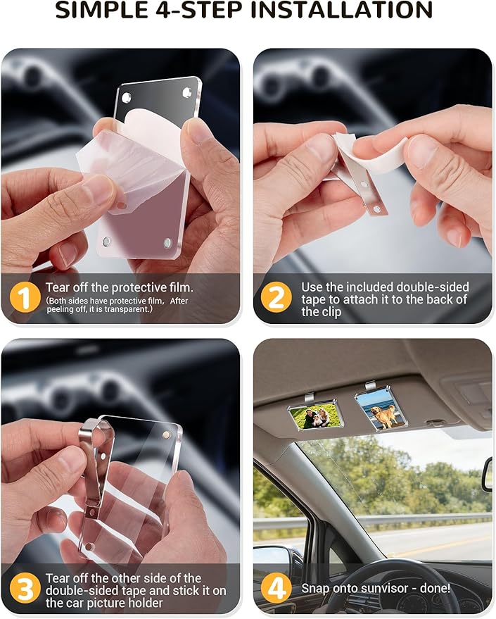 4 Pack Car Picture Holder, Clear Acrylic Magnetic Car Photo Holder, Horizontal & Vertical Photo Car Visor Photo Clip, Personalized Car Picture Frame, Suitable for Adding Family, Personal or Pets Photos