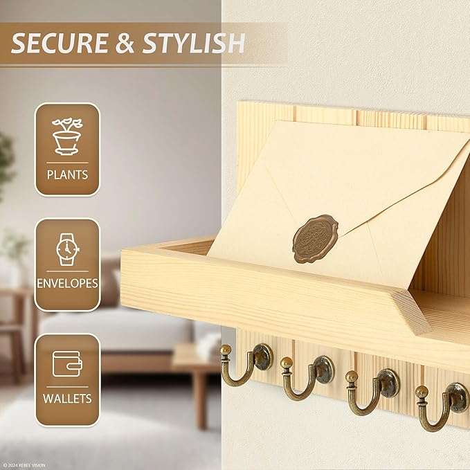 Rebee Vision Farmhouse Pine Key Holder Wall Mount for Room Decor - Key Holder for Wall with Floating Shelf for Placeable Plants - Rustic Key Hanger for Apartment Essentials (Original Wood, 15-inch)