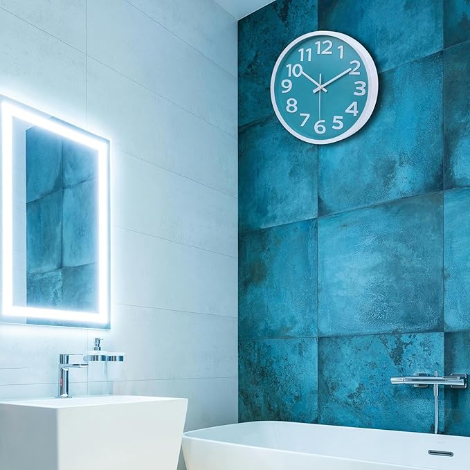 10 Inch Silent Wall Clock with Big Numbers – Aqua Coastal Decor for Kitchen, Bathroom, Bedroom – Easy-to-Read Non-Ticking Modern Analog Clock
