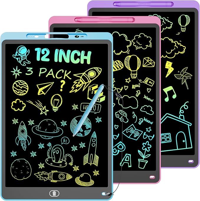 3 Pack 12 Inch LCD Writing Tablet, Colorful Drawing Tablet for Kids, Eye Care Doodle Board with Lock and Erase FUNC, Birthday Gifts Toys for 3-8 Years Old Boys(Blue, Pink, Purple)
