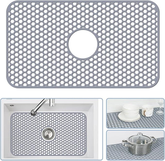 Silicone Sink Mat - 24.8''x13'' Sink Protector for Kitchen Sink with Center Drain - Kitchen Grid Accessory, Non-slip Heat Resistant Mat for Bottom of Farmhouse Stainless Steel (Center Hole)