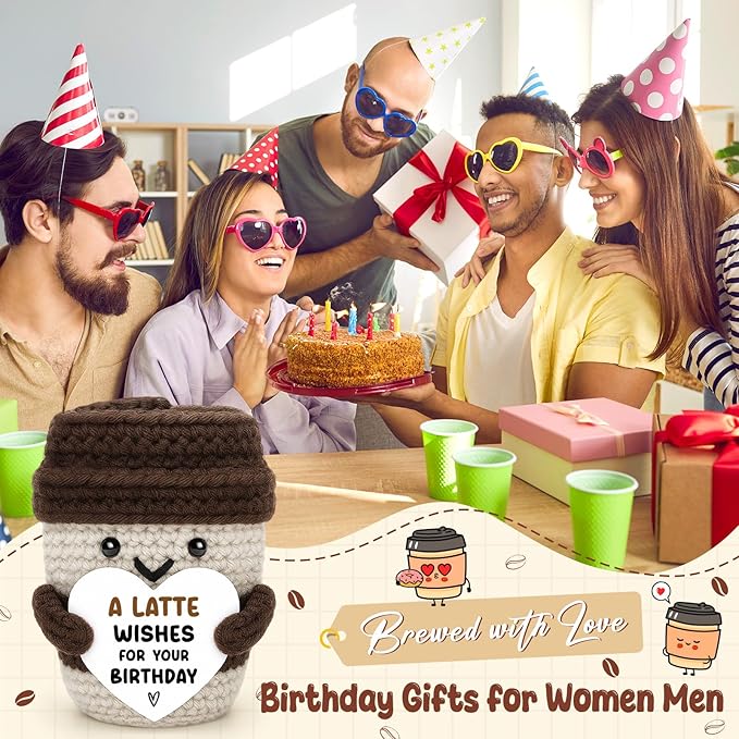 Coffee Lover Birthday Gifts for Coworker Female Women Men Best Friend Sister Coffee Gifts Espresso Happy Birthday Decoration Card Knitted Crochet for Her Him Son Daughter Wife Husband Boss
