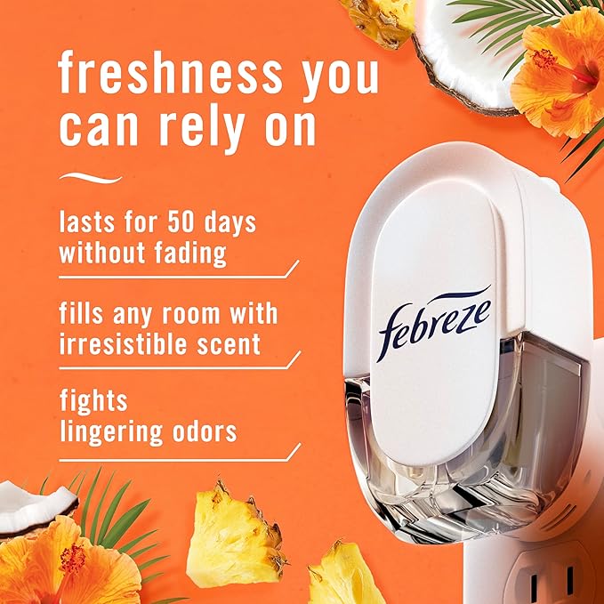 Febreze Plug In Air Freshener, Odor-Fighting Scented Oil Refill, Air Fresheners for Home and Bathroom and Kitchen, Long Lasting for Strong Odors, Hawaiian Aloha Scent, 0.87oz Refills, 4 Count