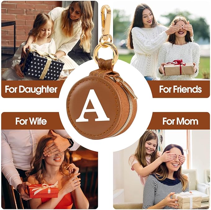Mini Initial Travel Jewelry Case Ring Holder, Brown Faux Leather Small Jewelry Organizer Box Gifts for Women Girls Nurse Teacher, Gym Travel Accessories Keychain Pouch for Earrings Rings Necklace A
