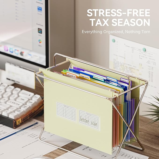 ThinkTex Plastic Expanding Hanging File Folders, 7 Innovative 1.2" Accordion Pockets, Large Capacity, Multi-Color Tabs, Letter Size for Filing Cabinet - Yellow