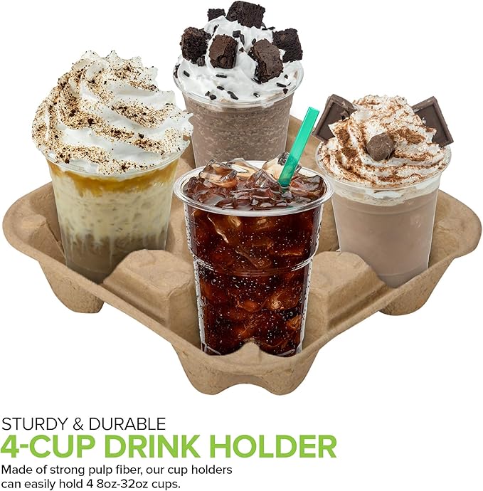 4 Cup Disposable Coffee Tray (75 Count), Commercially Compostable Cup Holder, Durable Drink Carrier for Hot or Cold Drinks, to Go Coffee Cup Holder for Food Delivery Service