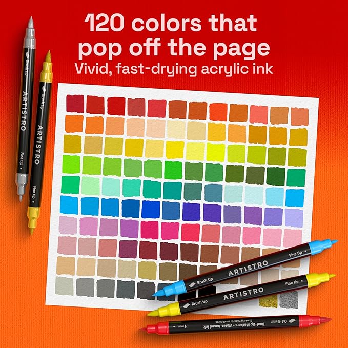 ARTISTRO 120 Acrylic Paint Markers - Paint Pens for Drawing, Brush + Fine Tips - For Fabric, Rock, Glass, Wood, DIY, Craft, Canvas - Art and Craft Supplies for Adults, Teens, Kids