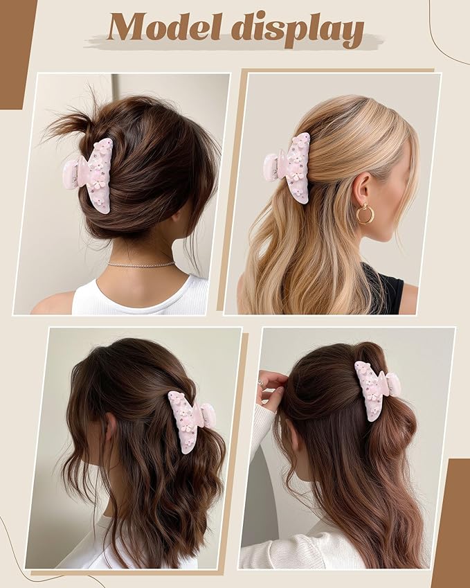 3PCS Acrylic Flower Hair Claw Clips - 2 Styles Durable Medium Small Claw Clips for Women, Strong Hold Cute Non Slip Stylish Accessories Decroation Buns for Thick Thin Hair (champagne)