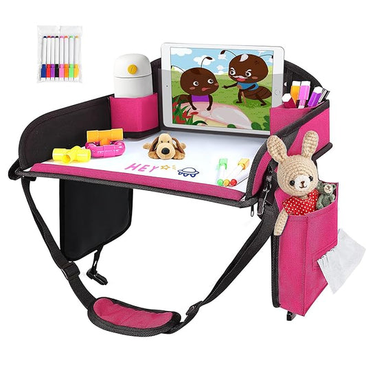 ‎Kids Travel Tray, Kids Travel Trays for Car Seat, Road Trip Essentials for Toddler, Carseat Lap Tray with Dry Erase Board & Storage Organizer for Road Trip Activities for Kid, Pink