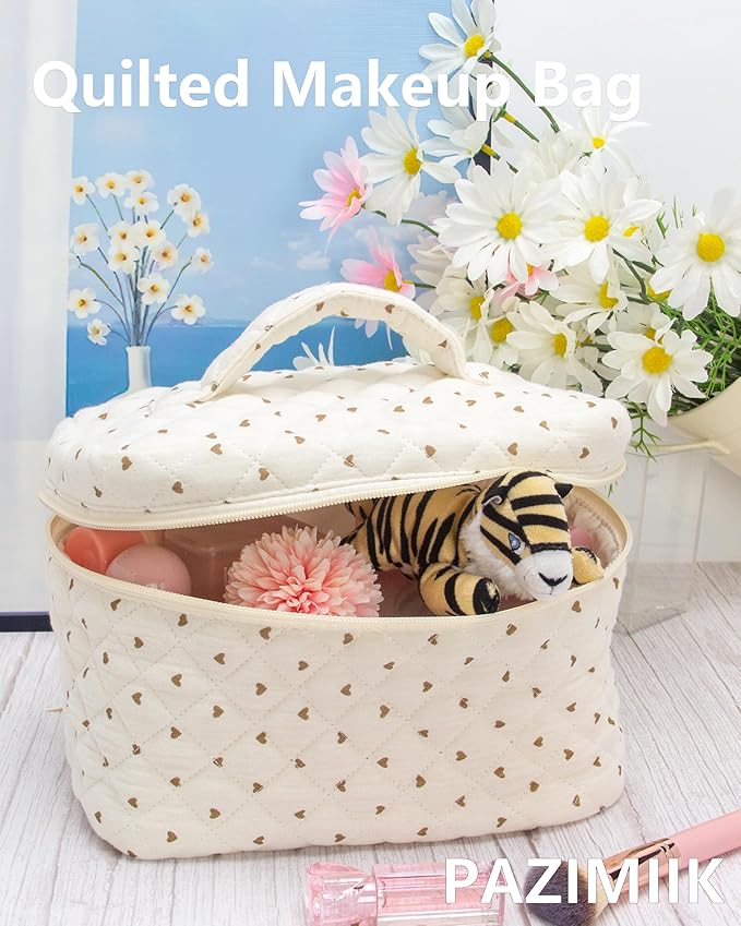 PAZIMIIK Quilted Makeup Bag Large Travel Zipper Soft Cosmetic Case for Women Girls Make Up, Gauze Heart Coffee