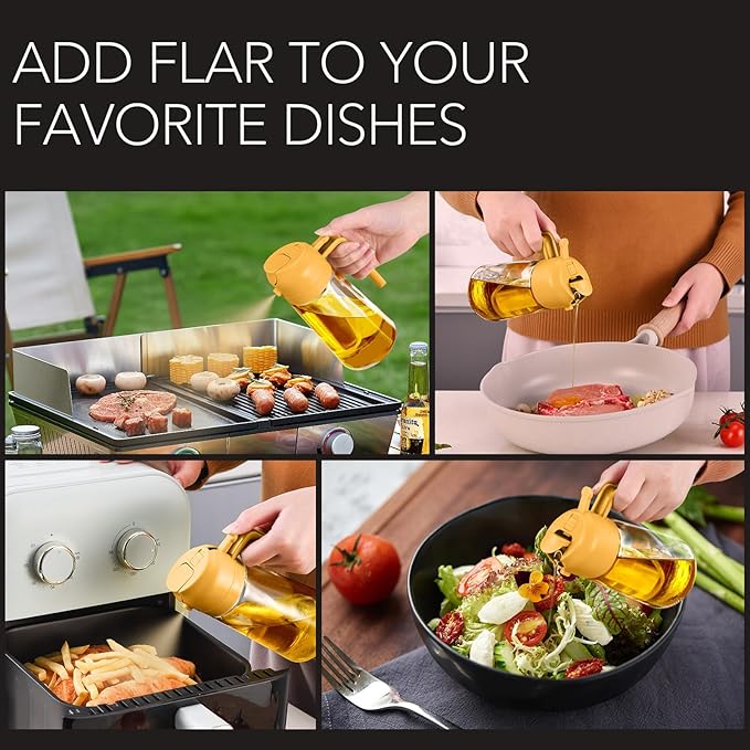 YARRAMATE 16oz/470ml Glass Olive Oil Sprayer for Cooking with Stickers, 2 in 1 Oil Dispenser for Kitchen Gadgets, Food Grade Premium Spray Bottle with Portion Control for Salad, Frying, BBQ (Orange)