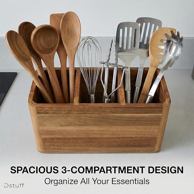 Dstuff Large Kitchen Utensil Holder Organizer for Counter or Countertop, Large Wooden Utensil Holder for Storage Cooking and Silverware with 3 Compartment, Acacia Rustic Wood Container Extra Large
