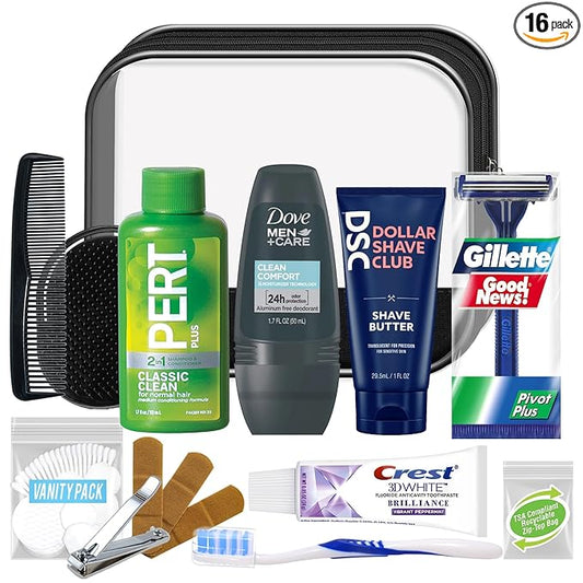 Convenience Kits International Men’s Super Deluxe, 16-Piece Kit with Travel Size TSA Compliant Essentials in Reusable Zippered Toiletry Bag