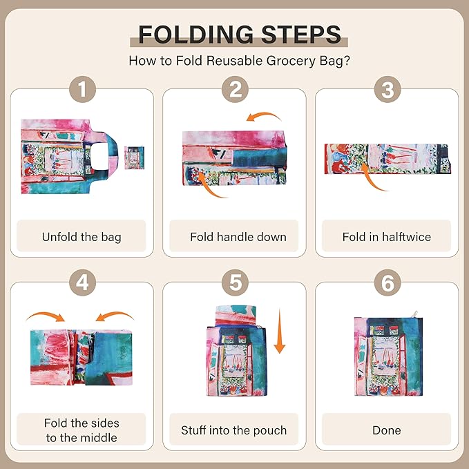 Reusable Grocery Bags, Oil Painting Art Tote Bags With Carry Pouch Waterproof Shopping Bags for Travel Daily Use