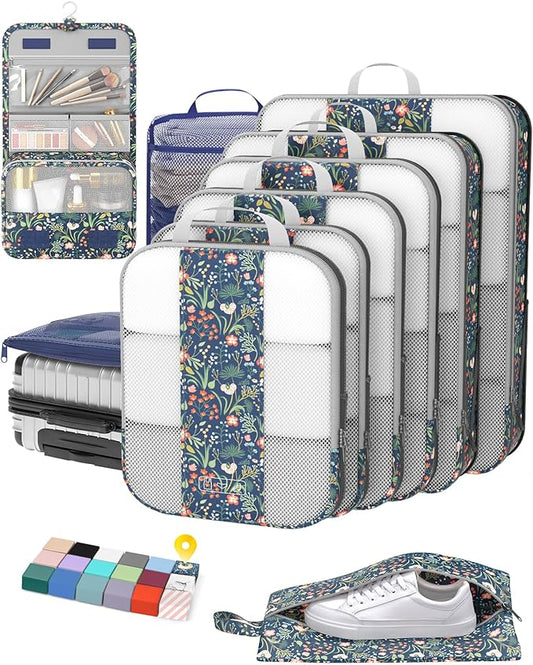 10 Set Compression Packing Cubes for Travel Essentials, Compressible Expandable Packing Cubes for Suitcase, OlarHike Luggage Organizer Bags, Handy Helper for Organizing Clothes (Dark Blue Floral)